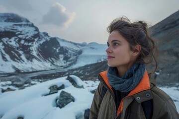 Fototapeta na wymiar Thoughtful Woman Admiring Mountain Glacier