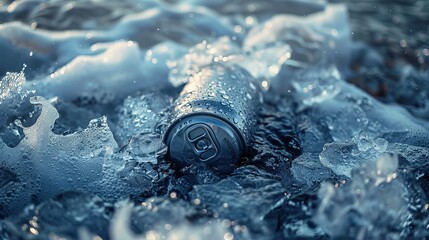 Frosted aluminum beverage can partially submerged in ice. - obrazy, fototapety, plakaty