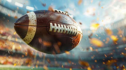 An American football caught in flight, moments before a touchdown, with the stadium crowd in a thrilling blur, highlighting the anticipation and excitement of American football - obrazy, fototapety, plakaty
