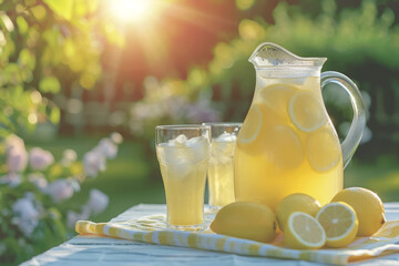 Pitcher and glasses of lemonade with fresh lemons on a garden table. - obrazy, fototapety, plakaty