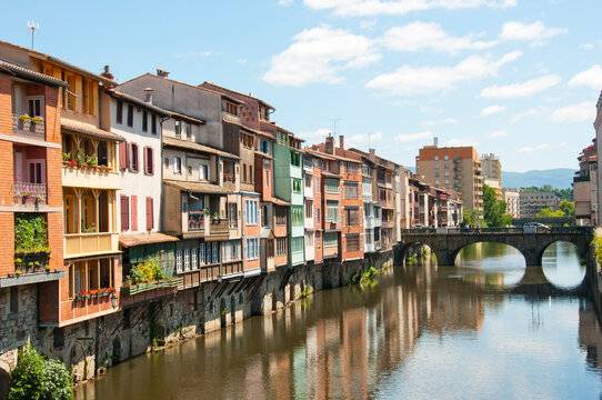 Old coloured houses on the River Agout, Castres Languedoc Roussillon France