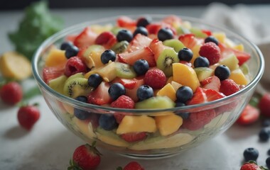 a bowl of fruit salad with strawberries , blueberries , raspberries and pineapple