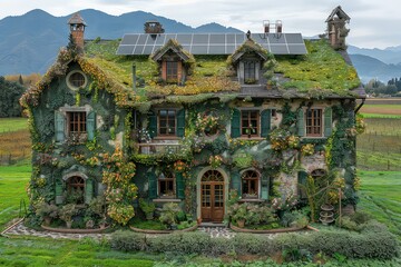 Fototapeta premium A small eco-friendly cozy house immersed in greenery. A tranquil escape, where this small, cozy house offers a respite from the chaos, surrounded by nature's embrace.