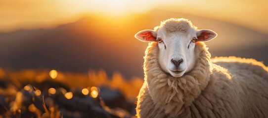 A close-up of a sheep with soft, white fur, looking directly at the camera, with a golden sunset in the background