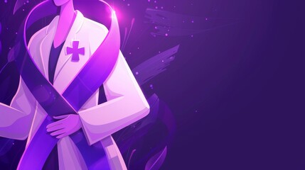 A doctor and satin purple ribbon on a robe symbolizing World Cancer Day. For posters, social media, or company promotion.