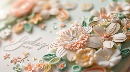 Quilled Birth Announcement Card with Newborn's Name, Birthdate, and Weight Surrounded by Delicate Flowers and Baby Motifs in Soft Pastel Colors.