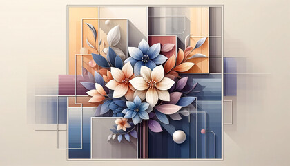 A stylized floral composition against a backdrop of geometric shapes. The flowers, depicted in a modern, semi-abstract style