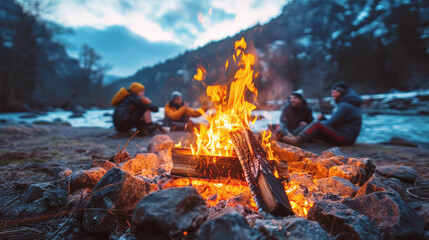 Fototapeta premium Campfire surrounded by people, close-up. Traveler camping in the forest and relaxing near campfire after a hard day. Concept of trekking, adventure and seasonal vacation.