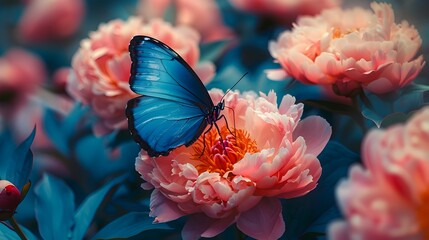 Blue Butterfly Amidst Fragrant Peonies A Vivid Documentary of Natures Beauty