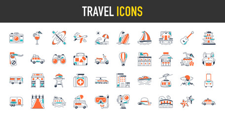 Travel icon set. Such as summer vacations, holiday, camera, juice, boat, bag, taxi, hat, star, airplane, hotel, balloons, ice cream, car, mountain, traveling, bbq, tourism vector icons illustration. 
