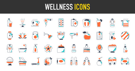 Wellness icon set. Such as massage, yoga, spa, relaxation, health, exercise, diet, wellbeing, bathtub, massage, meditation, salad, exercise, insurance, juice, aromatherapy vector illustration icons.