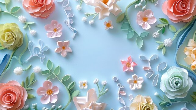 Quilled Birth Announcement Card with Newborn's Name, Birthdate, and Weight Surrounded by Delicate Flowers and Baby Motifs in Soft Pastel Colors.