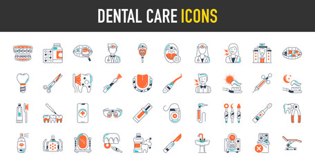 Dental care icon set. Such as binoculars, toothache, medicine, clinic, syringe, checkup, extraction, floss, dentist, mirror, autoclave, breath, implant, chair, scissor vector icons illustration.