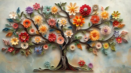Quilling Paper Art Family Tree with Personalized Names and Birthdates, Adorned with Floral Accents.