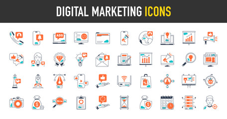 Digital marketing icons set. Such as seo, content, website, social media, sales, online advertising, notification, contact, viral, wifi, discount, survey, increase, global, mail vector icon collection