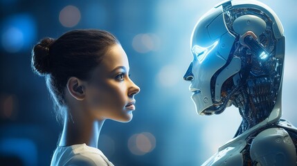 Concept of AI and human interaction depicted by a woman facing a humanoid robot, ideal for tech and...