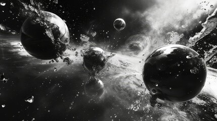 dramatic black and white depiction of space with various celestial bodies, like planets and asteroids, against a backdrop of a cosmic nebula. - obrazy, fototapety, plakaty