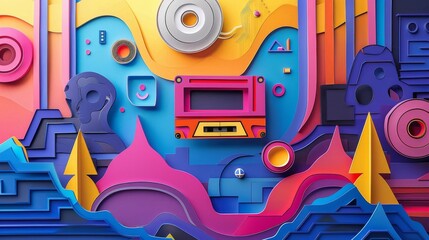 Retro Quilling Paper Art: 1980s Pop Culture Tribute with Cassette Tapes, Neon Lights, and Geometric Shapes.