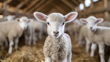 A lamb with soft, white and fluffy wool standing in front of a flock of sheep inside a barn