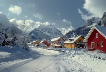 A house in the mountains with snow	
