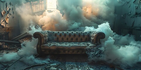 a couch in a room with smoke
