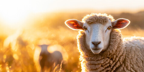A close-up of a sheep with soft, white fur, looking directly at the camera, with a golden sunset in...