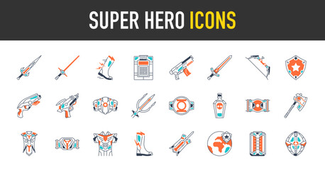 Super hero icon set. Such as as gun, weapon, sword, radioactive, medieval, mace, game assets, bow, shield, ring, blaster, boots, armor vector icons illustration.