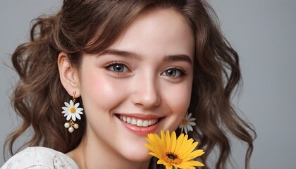 a close up of a woman holding a yellow flower in her mouth