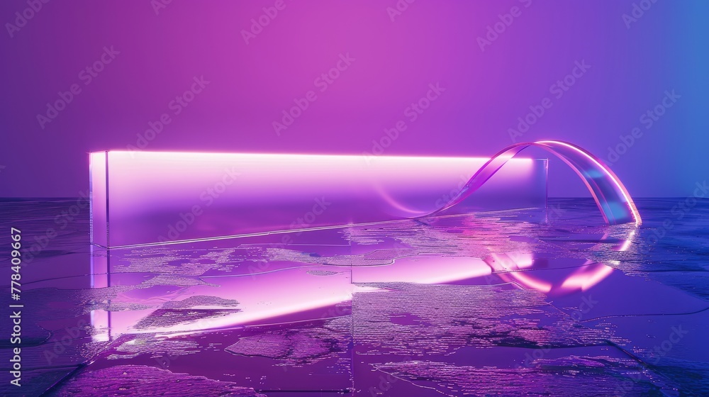 Poster the scene is an abstract 3d rendering with a clear transparent glass ribbon hovering over the wet fl