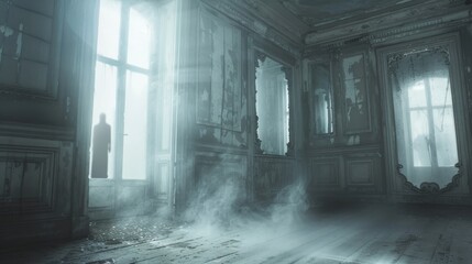 A solitary shadow casts against the bright light filtering through the windows of a dilapidated mansion room, filled with an eerie mist