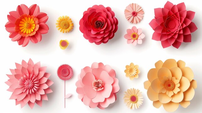 3D render of pink, red, and yellow paper dahlias isolated on a white background