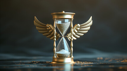 Illustration of a stylized hourglass with wings, representing the swift passage of time and the...