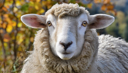 Close-up of a sheep’s face, showcasing its innocent eyes and fluffy white wool, with an autumn backdrop.