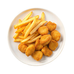 A plate of chicken nuggets and French fries, on transparent background