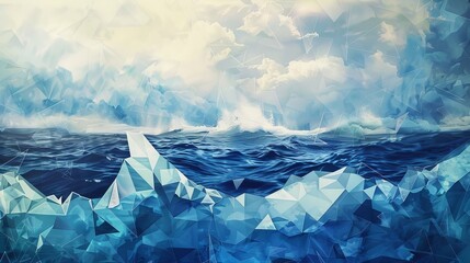 Immerse yourself in mesmerizing blue waves and captivating geometric triangles that paint an abstract seascape.