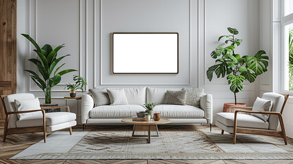 Fernseher mit Sessel im Wohnzimmer mit weißer Wand - obrazy, fototapety, plakaty
