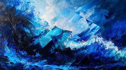 Immerse yourself in mesmerizing blue waves and captivating geometric triangles that paint an abstract seascape. - obrazy, fototapety, plakaty