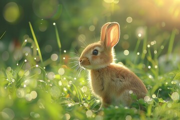 Clear glass rabbit in a meadow, dewy morning, sparkling, delicate, soft focus, digital art style , 8K , high-resolution, ultra HD,up32K HD - obrazy, fototapety, plakaty