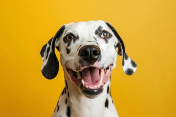 Joyful Dalmatian dog with wide grin and sparkling eyes on yellow background