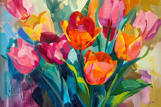 A painting of a bouquet of flowers with a blue background