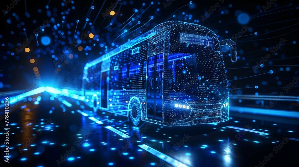 Poster digital smart bus with glowing data streams , artificial intelligence in public transportation syste