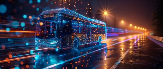 digital smart  bus  with glowing data streams , artificial intelligence in  public transportation systems, route optimization, passenger safety, and overall efficiency. urban mobility.