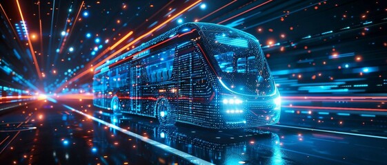 digital smart  bus  with glowing data streams , artificial intelligence in  public transportation systems, route optimization, passenger safety, and overall efficiency. urban mobility.