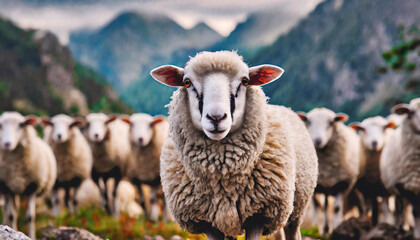 A single sheep looking directly at the camera, surrounded by others grazing, with a background of mountains.