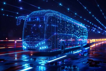 digital smart  bus  with glowing data streams , artificial intelligence in  public transportation systems, route optimization, passenger safety, and overall efficiency. urban mobility.
