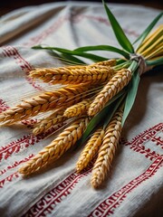 Ukrainian ears of wheat lies on a linen embroidered tablecloth. Ornament. Vivid color photograph. 