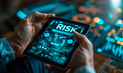Corporate professional analyzing risk management strategies on a digital interface, emphasizing the importance of proactive mitigation and contingency planning in modern business operations - obrazy, fototapety, plakaty