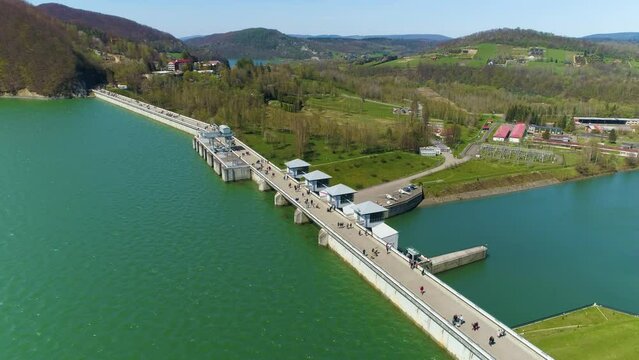 Water Dam On Solina Lake Bieszczady Mountains Aerial View Poland