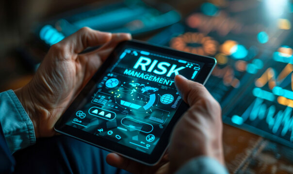 Corporate professional analyzing risk management strategies on a digital interface, emphasizing the importance of proactive mitigation and contingency planning in modern business operations