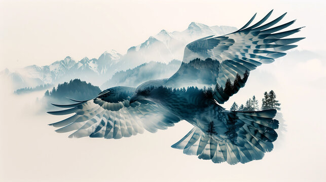 Eagle in Flight Over Misty Mountains, Nature Meets Art